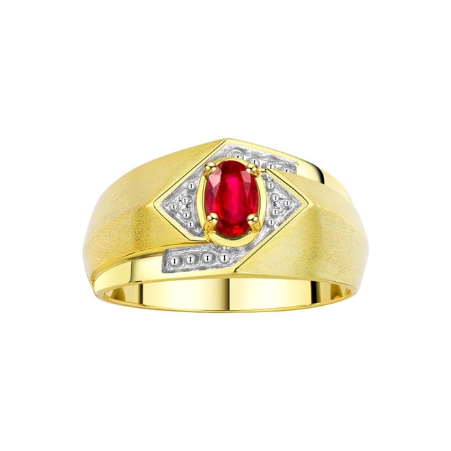 RYLOS Mens Rings Yellow Gold Plated Silver Ring 6X4MM Oval Shape Gemstone & Diamond Ring Ruby July Birthstone Rings For Man Silver Rings, Size 8