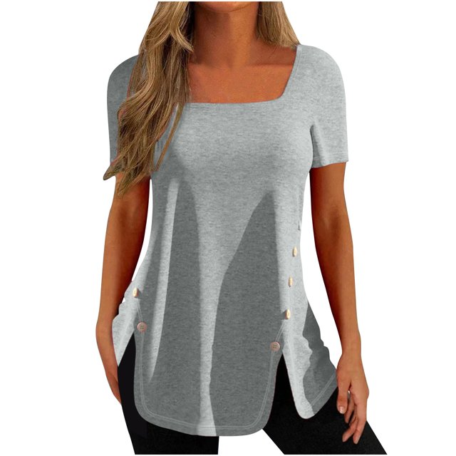 B91xZ Womens Summer T Shirts Short Sleeve Mock Neck Stretch Slim Fitted Layer Basic Tee Tops,Gray M