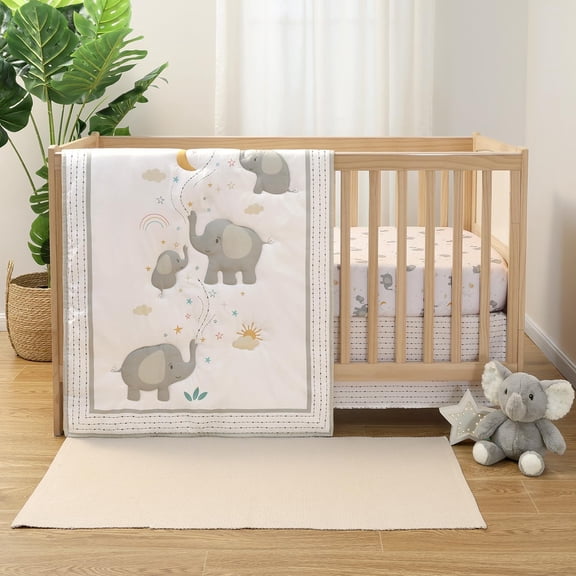 YANTONG 3 Piece Elephant Whimsy Baby Crib Bedding Set Boy or Girl, Nursery Decor Boy Crib Comforter Set, Classic Neutral Ivory & Cream Tones Quilt and Accessories, Gender Neutral