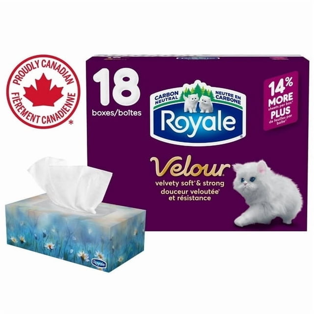 Royale Velour Facial Tissue, 18 Flat Boxes, 82 Tissues per box, 3-Ply, 1476 Tissues
