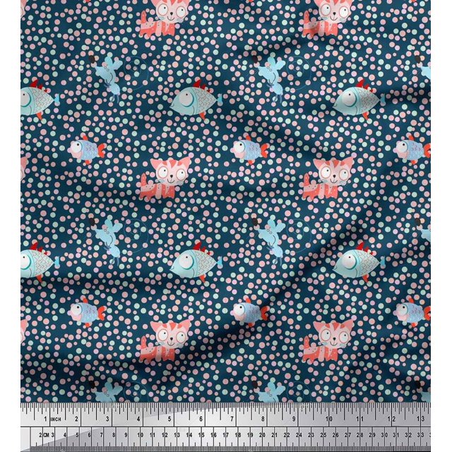 Soimoi Poly Georgette Fabric Dot,Fish & Cat Kids Printed Fabric 1 Yard 42 Inch Wide