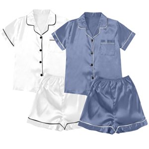 ZJXFGS Vêtements de nuit pour femmes, Pyjamas pour femmes et satins 4 Pièce Pyjamas manches courtes Vêtements de nuit et shorts ensemble Femmes costume de loisirs Vêtements de salon, short pyjama ensemble pour femmes blanc 2XL