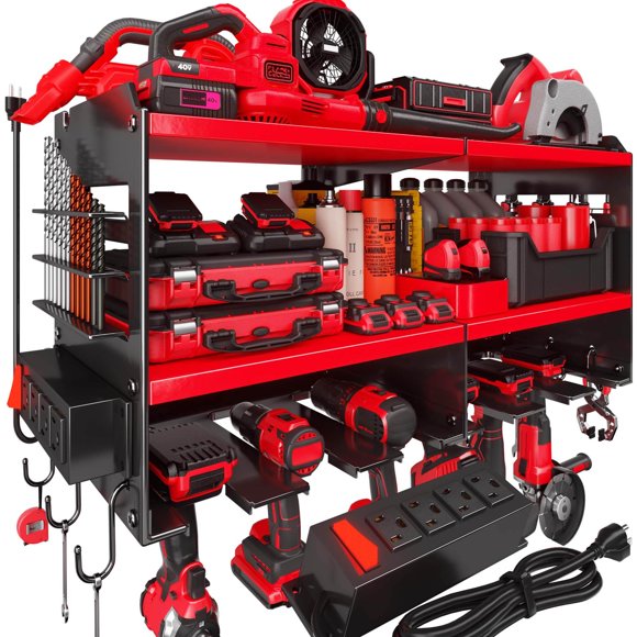 Spampur Power Tool Organizer Wall Mount with Charging Station �?? 420 lb Capacity 3-Tier Holds 6 Drills, Side Slots for Screwdrivers & Bits, for Garage Worksh