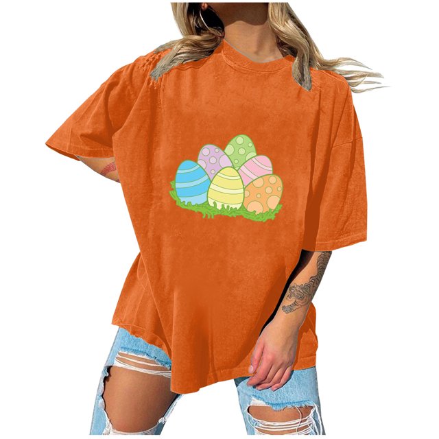 Birdeem Womens Easter Printed Casual Round Neck Short Sleeve Pullover