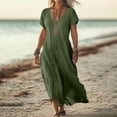 thumbnail image 2 of UPPADA Robe d'Été pour Femme Grande Taille en Coton et Lin, Robe Maxi Fluide à Manches Courtes, Robe Décontractée Style Sundress à Col en V, Taille Portefeuille, Robes Fluides de Plage, Vêtements d'Été pour Femme Vert, P, 2 of 6