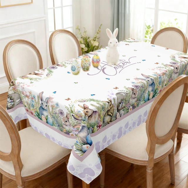 Fwttom Easter Decorations All-season Waterproof Table Cover With Cute Rabbits Devise Featuring Easter Bunny Easter Eggs And Floral Prints Suitable For Easter Table Decoration