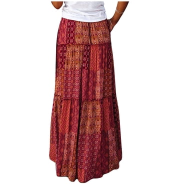 Pisexur Women's Boho Floral Skirt Casual Elastic High Waist Tiered Bohemian Maxi Skirts Flowy A Line Beach Long Skirt with Side Pockets
