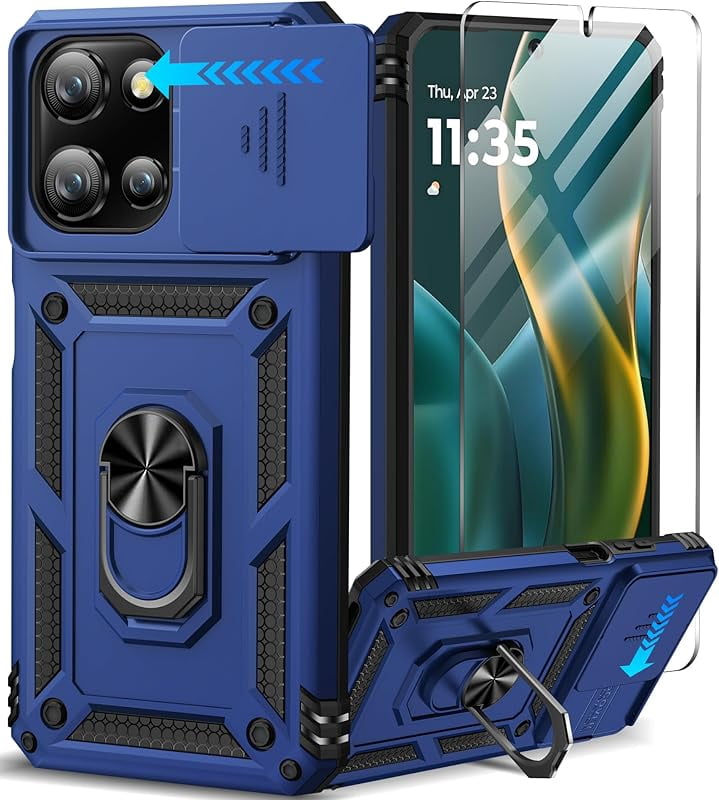 MUKO for Motorola Moto G 5G 2025 Case with Screen Protector & Slide Camera Lens Cover, Built-in 360°Rotate Magnetic Ring Stand Shockproof Protective Phone Case for Moto G 2025 Case Blue