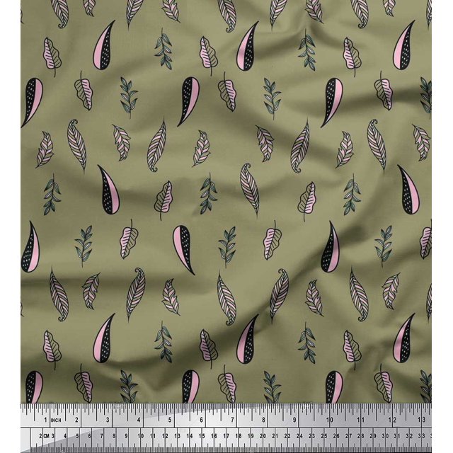 Soimoi Green Modal Satin Fabric Artistic Leaves Decor Fabric Printed Yard 42 Inch Wide