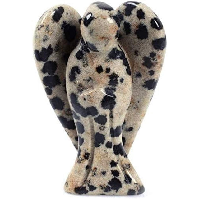 Angelstones Ange Gardien de Poche en Jaspe Dalmatien Sculpté Paix, Statue de Guérison, 1,5 Pouces de Hauteur. Cette figurine Sculptée à la Main Est Fabriquée à Partir de Pierre Précieuse Naturelle en Jaspe Dalmatien, Mettant en Valeur des Motifs Tachetés Noirs et Beiges Uniques. la Statue Angel Présente des Ailes Détaillées et une Finition Lisse, Idéale pour la Guérison reiki et la Promotion de la Sérénité. Convient à la Déco de Jardin Ou comme Gardien de Poche Angel. Comprend une Pochette