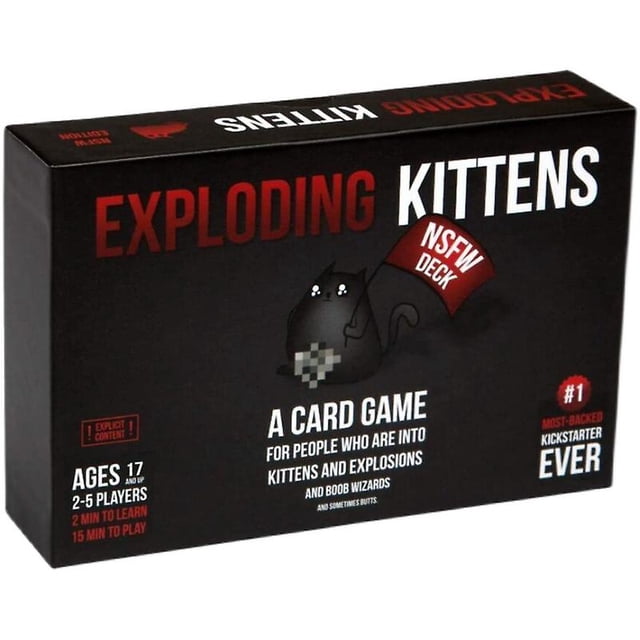 Exploding Kittens Board Game Card Black by FANYECE, a card game featuring a black box with bold red and white text. The design includes a cartoon cat holding a flag labeled 'NSFW Deck.' Suitable for ages 17 and up, for 2-5 players, with a playtime of 15 minutes. The game is categorized as a kids and family card game.
