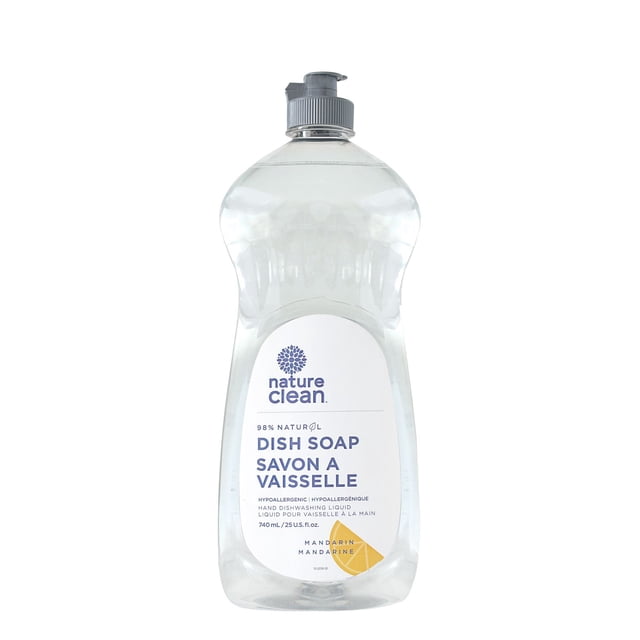 Dish Liquid Mandarin & Grapefruit 740ml clear plastic bottle with grey pump dispenser, Nature Clean 98% natural biodegradable dishwashing liquid, hypoallergenic and septic tank safe, scented with mandarin essential oils, bilingual English and French label.