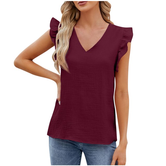 Timegard Womens Summer Tops Ruffle Cap Sleeve V-Neck Solid Color Comfy Lightweight Blouse Casual Loose Tops