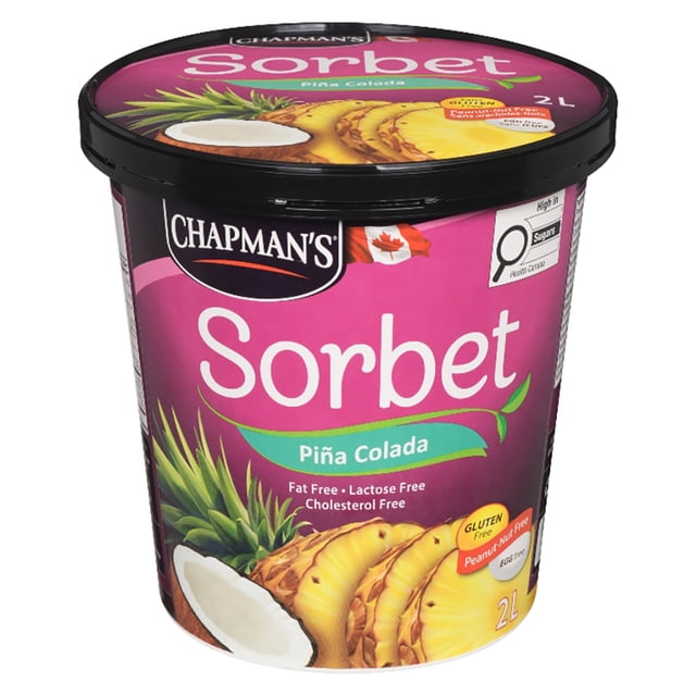 Chapman's Piña Colada Sorbet in a 2L tub with a purple label featuring pineapple slices and a coconut half, fat free, lactose free, cholesterol free, gluten free, peanut/nut free, and egg free, suitable as a refreshing tropical frozen dessert in the sorbet and vegan category.