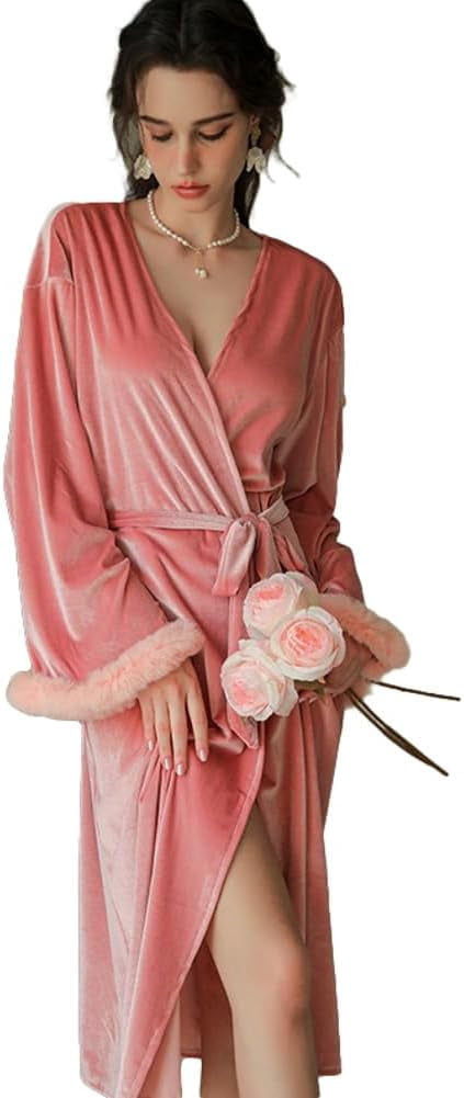 Velvet Robe for Women Faux Fur Trim Long Sleeve Bridal Robe Luxury Sleepwear Velvet Robes Bridesmaid Robes 2025