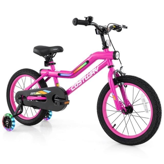 Costway Vélo pour Enfants de 16 Pouces avec Éclairage DEL et Siège Ajustable, Frein à Rétropédalage, Roues Stabilisatrices en Rose. Ce Vélo pour Enfants Présente un Cadre en Acier au Carbone, des Pneus en Caoutchouc Antidérapants de 16 Pouces, et un Protège-Chaîne Entièrement Fermé pour la Sécurité. le Vélo Comprend des Lumières DEL avec 7 Couleurs et 7 modes d'Éclairage, un Phare Lumineux, et des Roues Stabilisatrices Lumineuses Qui Brillent Lorsqu'elles Tournent. Conçu pour les Enfants de 4 à 7 Ans, une Hauteur de Selle Réglable de 23 Pouces-2