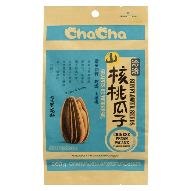 ChaCha Chinese Pecan Flavoured Roasted Sunflower Seeds 260g package with blue and beige design, featuring a large striped sunflower seed image and Chinese and English text, emphasizing the nutty, crispy roasted flavour and artificial flavouring.