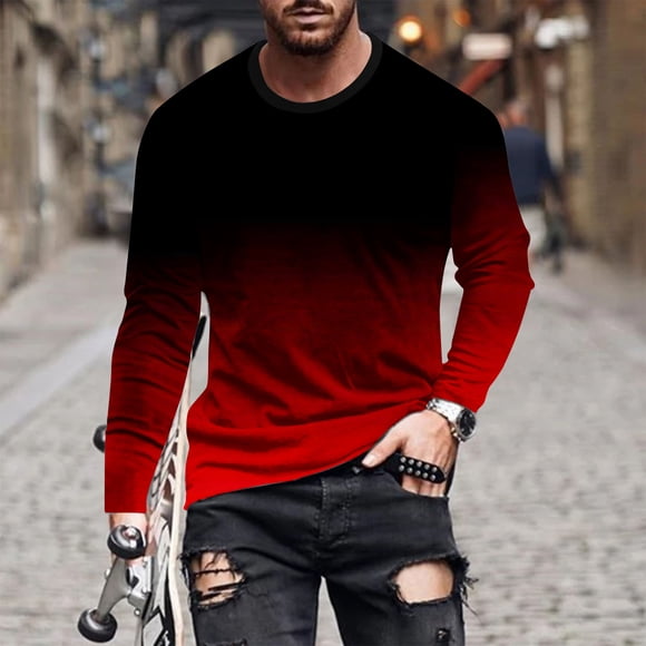 Meichang Long Sleeve T Shirt Men Cotton,Graphic Tees Men Casual 3D Gradient Print T-Shirts Novelty Round Neck Comfy Long Sleeve Shirts for Men