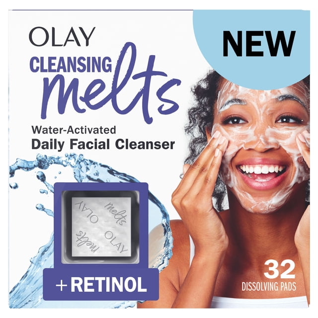 Olay Cleansing Melts + Hyaluronic Face Cleanser water-activated daily facial cleanser with 32 dissolving pads and retinol, shown with a single dissolving pad in a blue frame and water splash graphic on white background
