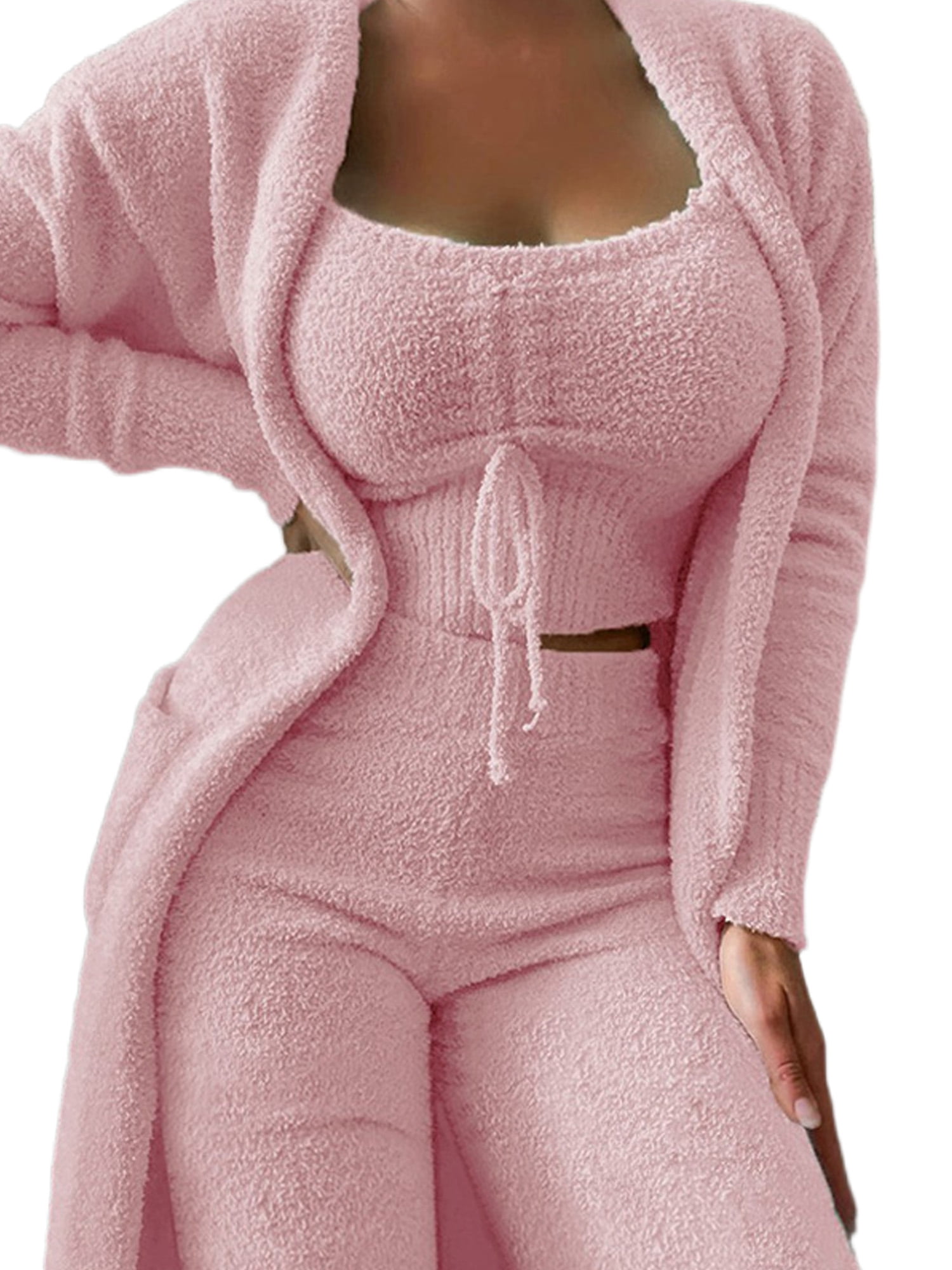 LUXUR Women Open Front Fuzzy 3 Piece Sweatsuit Warm Sleep Lounge Sets Pink M