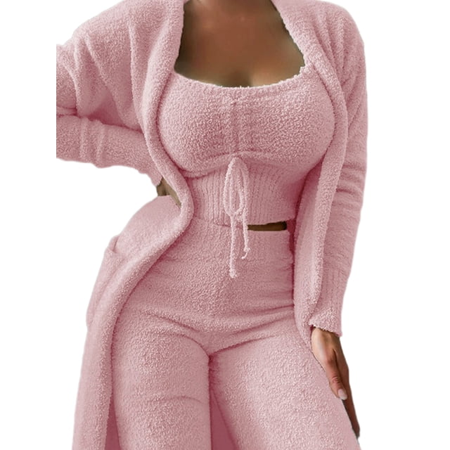 Innerwin Ensemble Cardigan Ouvert pour Femmes 3 Pcs Survêtement Couleur Unie Régulier Rose TG