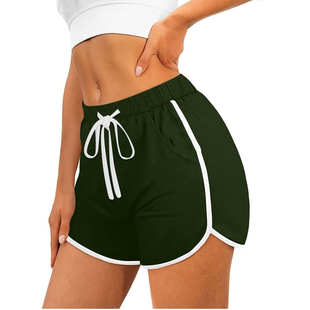 VKOYWKM Workout Shorts for Women Solid Color Dolphin Hem Exercise Shorts Drawstring Waisted Running Athletic Gym Shorts with Pockets