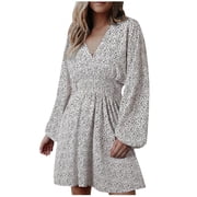 Cameland Boho Dresses for Women Tummy Control Womens Long Sleeve Dress V Neck Loose Mini Swing Dresses Trendy