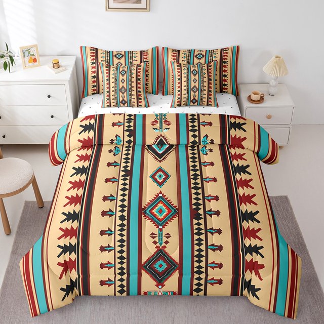 Western 7 Piece Comforter Set Full Bed in a Bag,Geometric Aztec Bedding Sets,Southwestern Sheet Set with Comforter Geometry Diamond Bed Set,Retro Exotic Stripes Western Home Decor