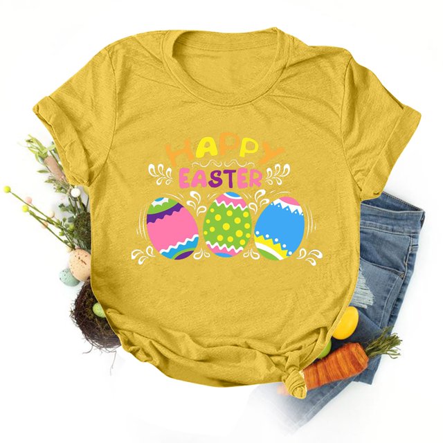 Daisyyozoid Chandail en Molleton Drôle de Pâques pour Femmes Décontracté Ample Col Rond Manches Courtes Imprimé Lettre Blouse T-shirt