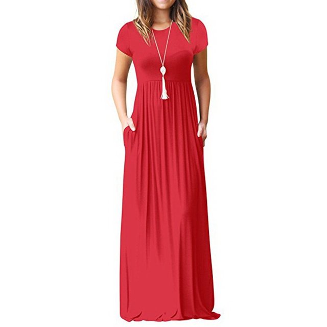 Robe Maxi d'Été à Manches Courtes Unie pour Femme avec Poche, Teinte Rouge Vif. Cette Robe d'Été Décontractée Présente un Col Rond, une Taille Élastique et une Jupe Ample Évasée. Fabriquée en Mélange de Coton avec composition en polyester. Comprend des Poches Latérales Pratiques et un style à Enfiler pour un Port Sans Effort.