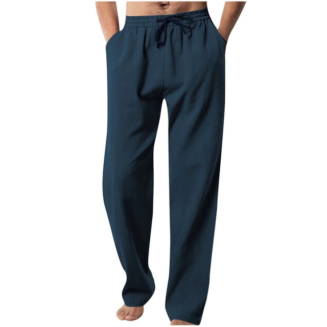 FAIWAD Mens Joggers Pants Summer Drawstring Straight Wide Leg Pants Loose Casual Elastic Waist Sweatpant in a dark blue color. These lightweight polyester pants feature an elastic waistband with a drawstring, wide straight legs, and a relaxed fit. Suitable for casual outings, workouts, or lounging, they pair well with various tops like t-shirts, tank tops, or formal shirts. Designed for comfort and durability, these joggers are ideal for all seasons.