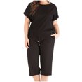 thumbnail image 1 of Ensembles de Détente 2 Pcs pour Femmes Grande Taille, Blouses à Manches Courtes et Col Rond, Hauts Décontractés, Pantalons Capri avec Poches, 1 of 6