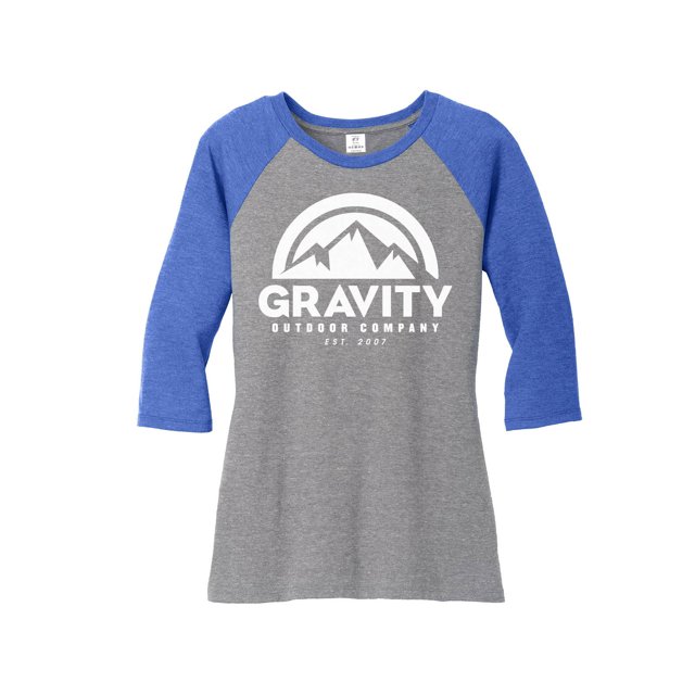 Womens Gravity Outdoor Co. 3/4-Sleeve Raglan Shirt - White Logo - Royal/Grey - M