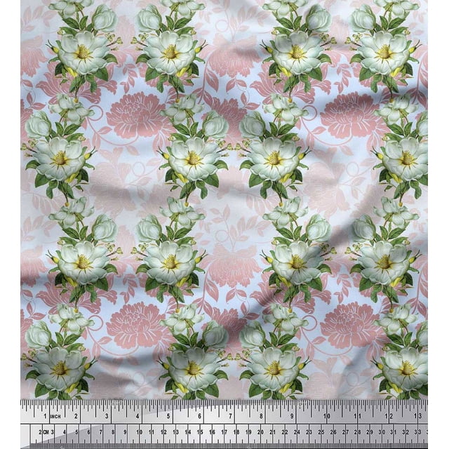 Soimoi Cotton Voile Fabric Leaves & Magnolia Floral Decor Fabric Printed Yard 56 Inch Wide