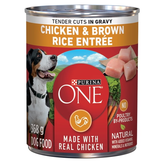 Purina ONE Tendres Morceaux en Sauce Entrée de Poulet et Riz Brun, Nourriture Humide pour Chiens 368 g