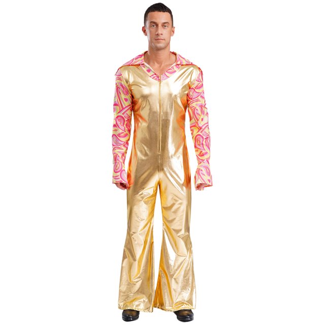 iiniim Men Shiny Metallic Jumpsuits 70s Disco Dance Leotards Stage Performance Costume Wide Leg Rompers Gold XL