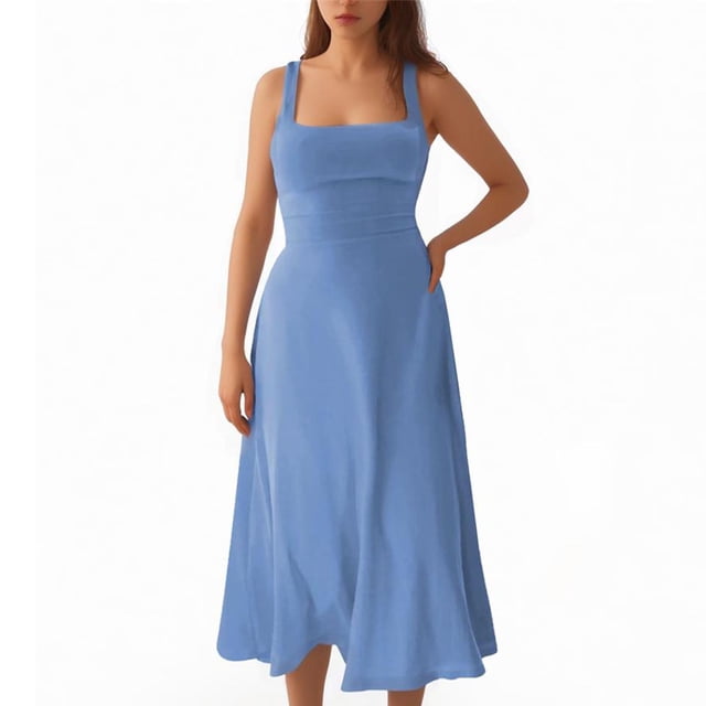 Timegard Robes d'Été pour Femmes à Larges Bretelles, Encolure Carrée, Sans Manches, Couleur Unie, Coupe Ajustée, Décontractée, Confortable