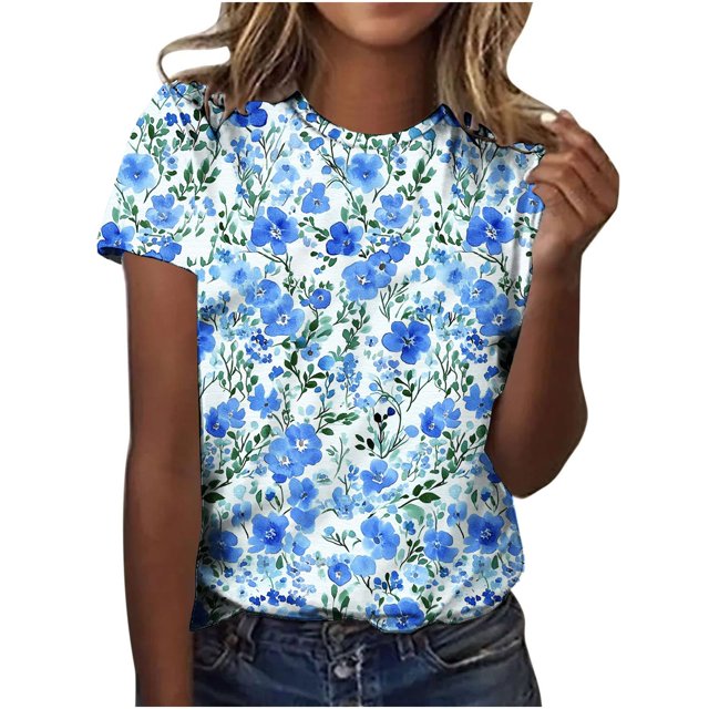 Pisexur Hauts d'Été pour Femmes, Blouses Habillées Décontractées pour Femmes, Hauts à la Mode pour Femmes, Chandail Décontracté Imprimé à Manches Courtes Col Rond, Grande Taille pour Femmes Multicolore, m
