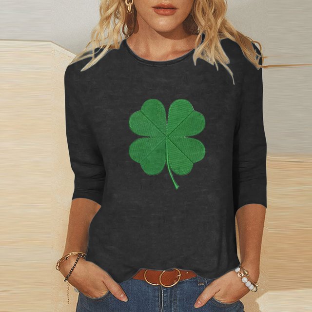 Meichang T-Shirt de la Saint-Patrick pour Femmes, Imprimé Trèfle Vert, Manches 3/4, Col Rond, Printemps