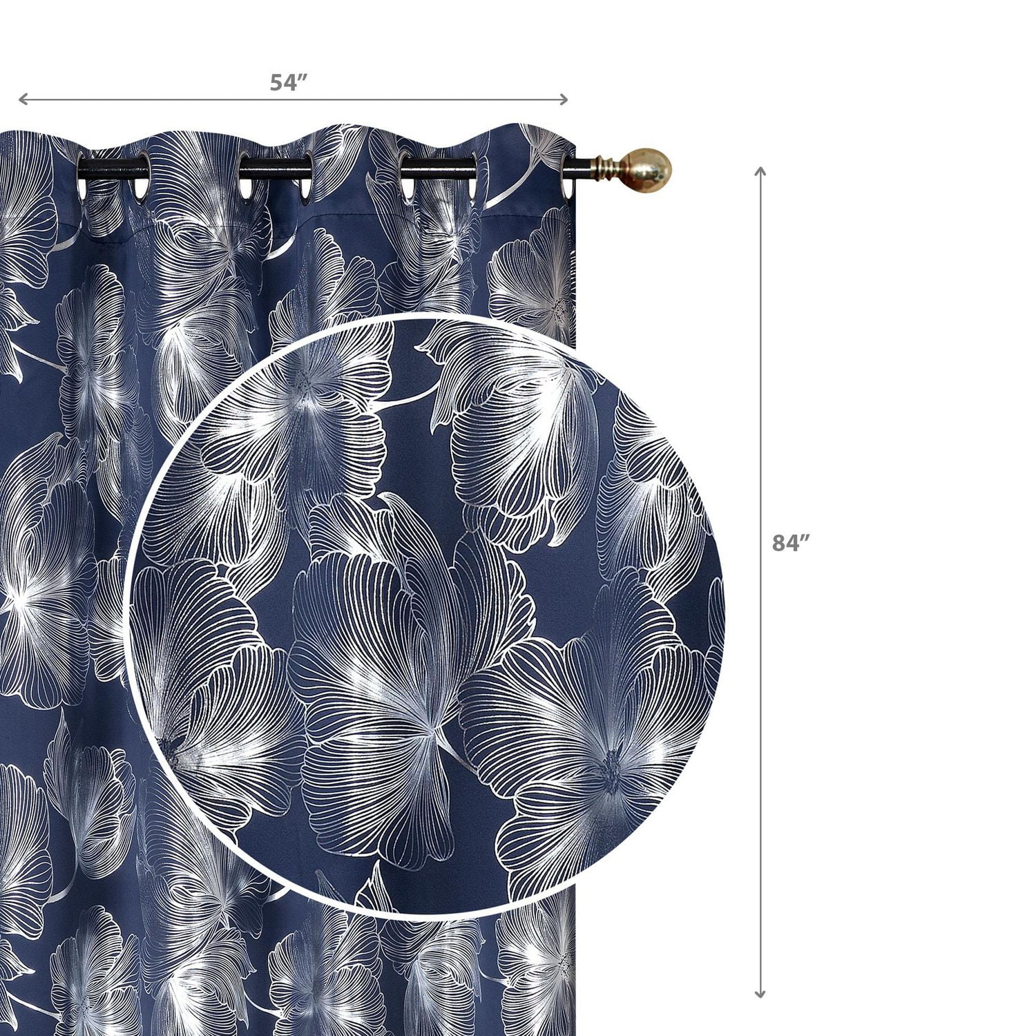 IH Casa Decor Foil Print Pannel W 8 Grom Hibiscus Navy Blue 84" - Ensemble De 2