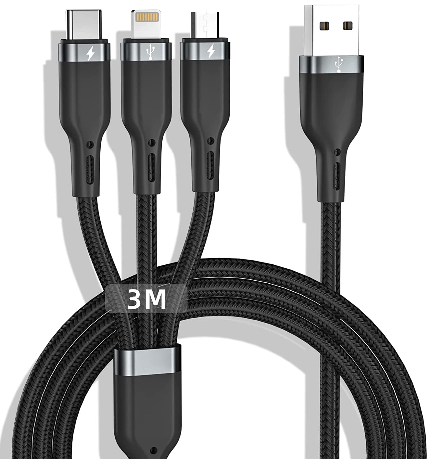XINQIHANG Multi Charging Cable 10FT Long Multi USB Cable 3A Nylon Braided Multiple USB Fast Charging Cord Universal 3 in 1 Multi Charger Cable Adapter Lightning/Type-C/Micro USB Connectors Cell Phones