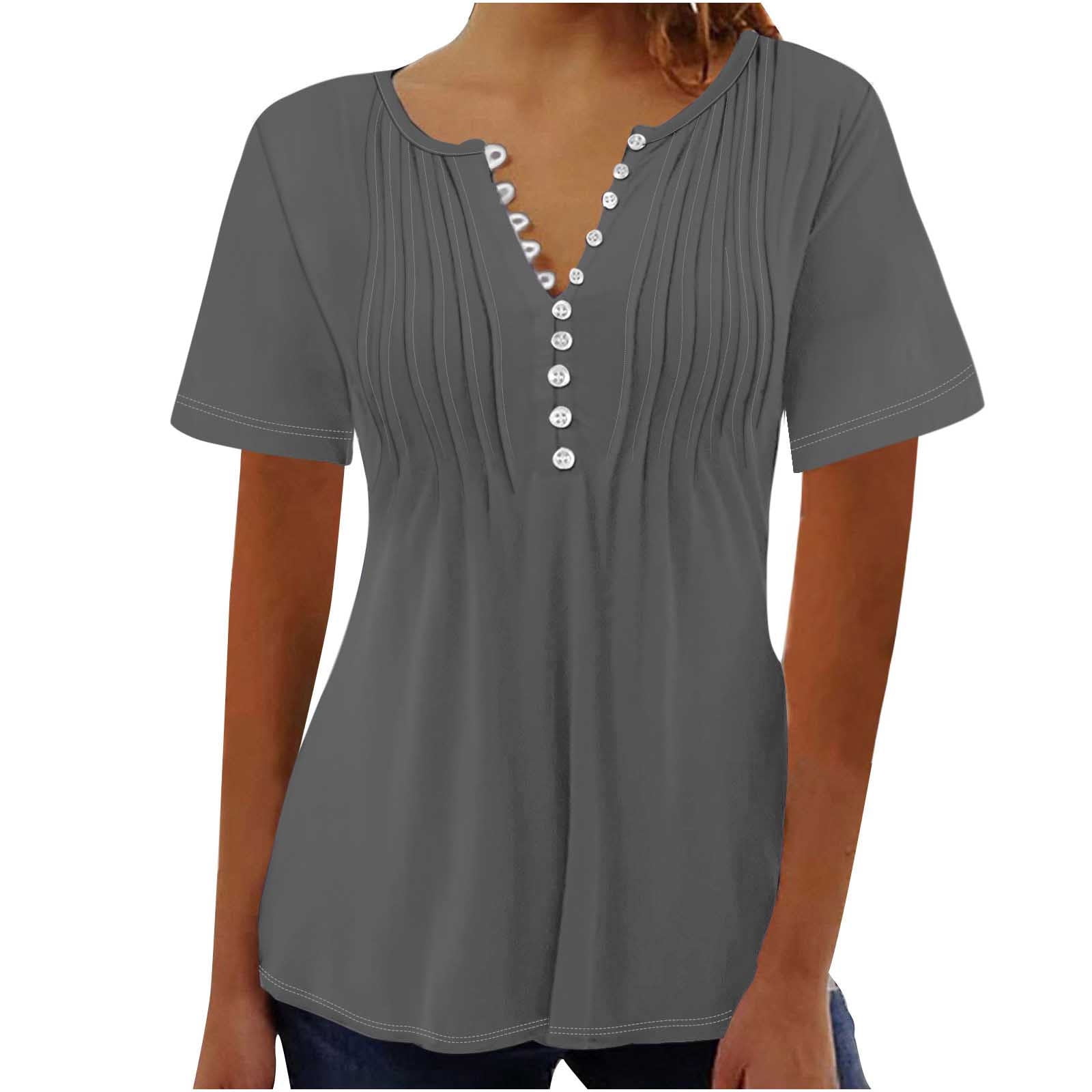 Blouses for Women Womens Printed V-neck Button Up Short Seeved Top