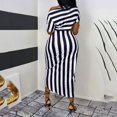 thumbnail image 3 of Ladies Sexy Slant Collar Off Shoulder Waist Striped Irregular Slit Dress, 3 of 6