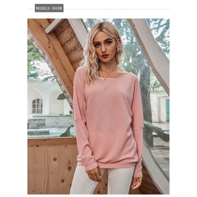 Chandail en Tricot à Épaules Dénudées à Manches Longues pour Femme, Coupe Ample, Uni