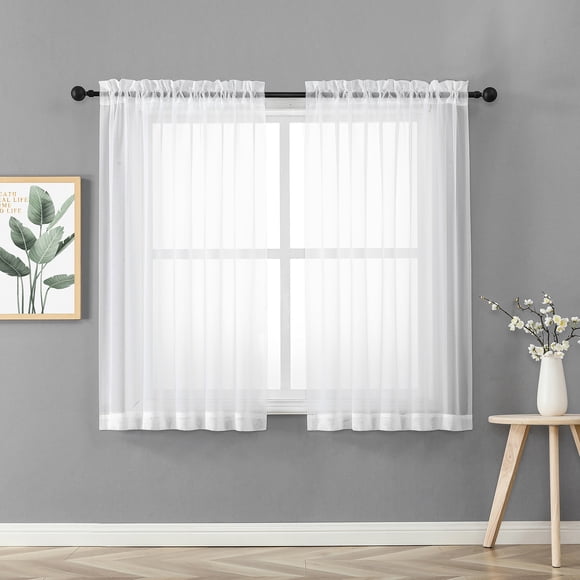 OVZME White Sheer Curtain Panel Pair 63 inch Length, Light Filtering Window Curtain Drapes Treatment for Kitchen, Bedroom Living and Children Room, Voile Top Dual Rod Pocket, 2 Pack of 40" x 63"