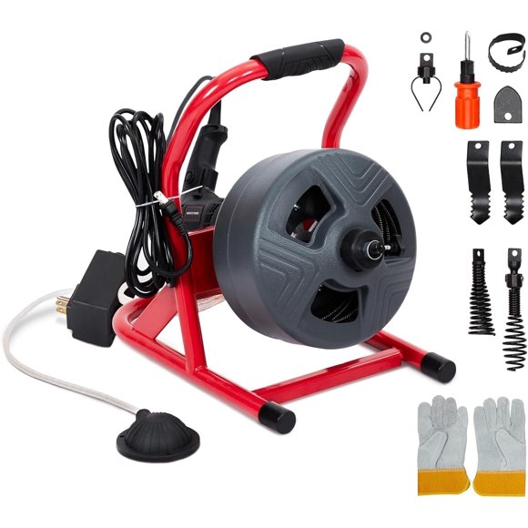 Drain Cleaner Machine 50Ft x 5/16 Inch, Electric Drain Auger with Foot Switch, Sewer Snake for 3/4 to 3 Inch Pipes, Includes 6 Cutters & Gloves
