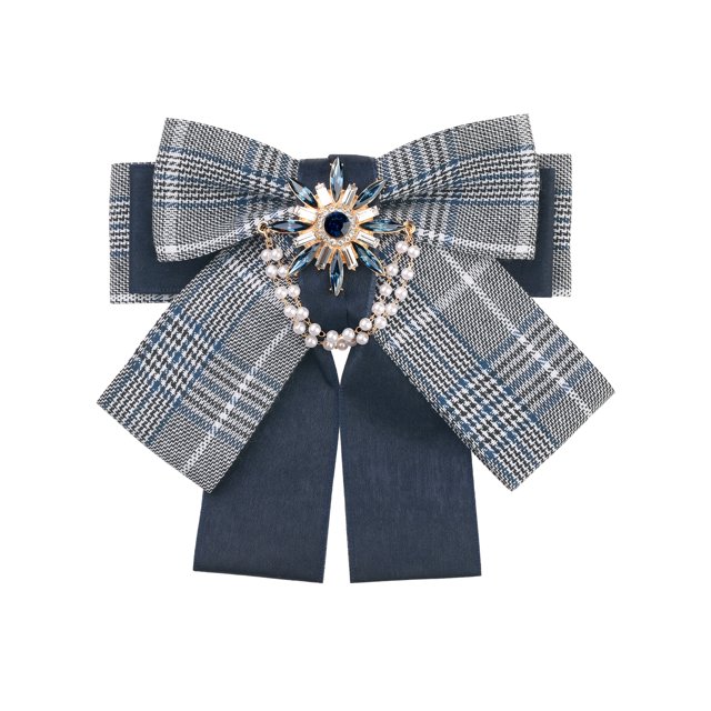 INSPIRE CHIC Women's Bow Brooch Plaid Faux Rhinestone Beaded Retro Bow Ties in blue. This pre-tied ribbon bow tie features a plaid pattern with faux rhinestones and pearl beading, creating a retro and elegant look. The brooch includes a locking back pin for easy attachment. Made of polyester with dimensions of 15x13.5 cm (5.9x5.3 inches), it is suitable for occasions like weddings, parties, holidays, and anniversaries.