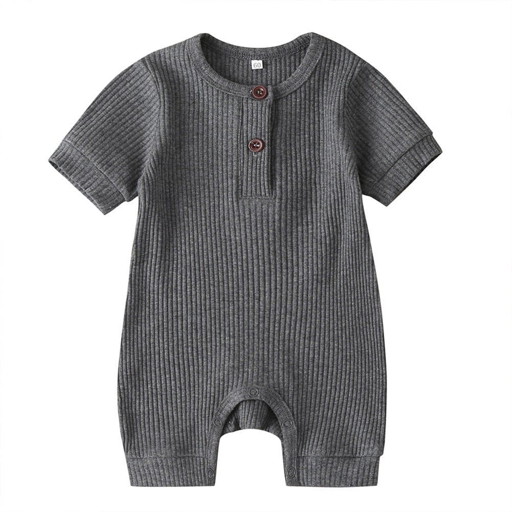 Newborn Baby Short Sleeve Jumpsuit Solid Color Knit Rib O Neck Button Romper