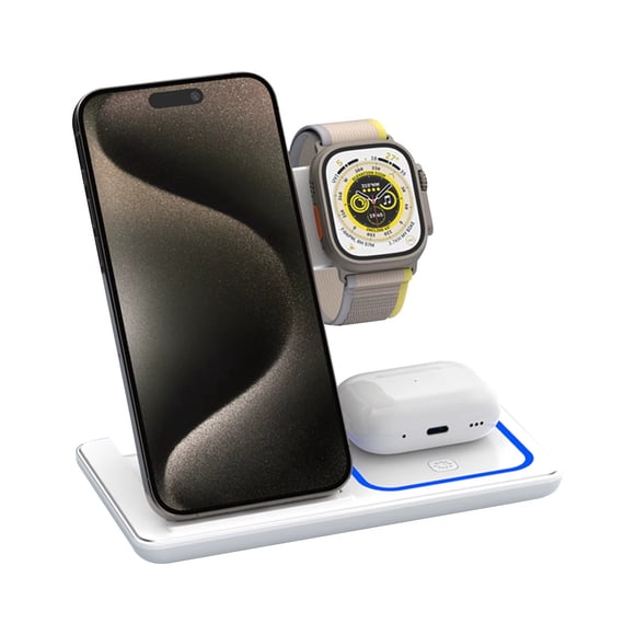 Station de Charge Sans Fil 3-en-1 pour iPhone 17/16/15/14/13/12/Pro Max, Apple Watch Ultra 11/10/9/8/7/SE/6/5/4/3/2/1 et AirPods 4/3/Pro Samsung S24/S23/S22 Station de Charge Rapide Pliable