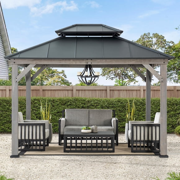 Sunjoy Gazebo Tonnelle 3 x 3.6 m d'extérieur à deux niveaux avec toit rigide Gazebo à structure en cèdre gris avec toit rigide en acier
